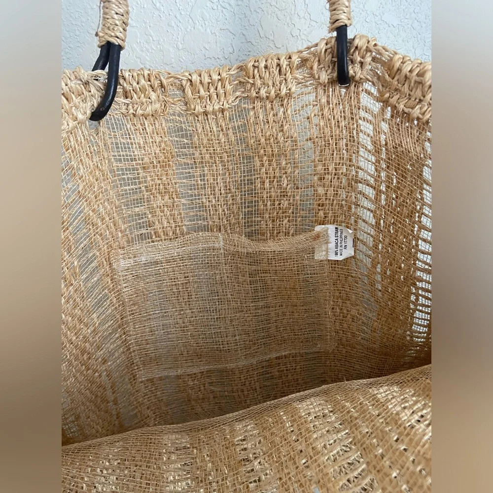 Summer Abaca Straw Medium Tote Bag Leather  Handles Made in Philippines - Picture 7 of 10